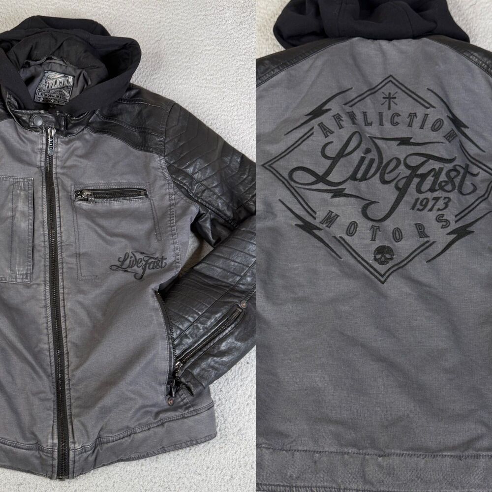 AFFLICTION Biker Jacket L Black Premium Embroidered Cotton Button Skull Biker
